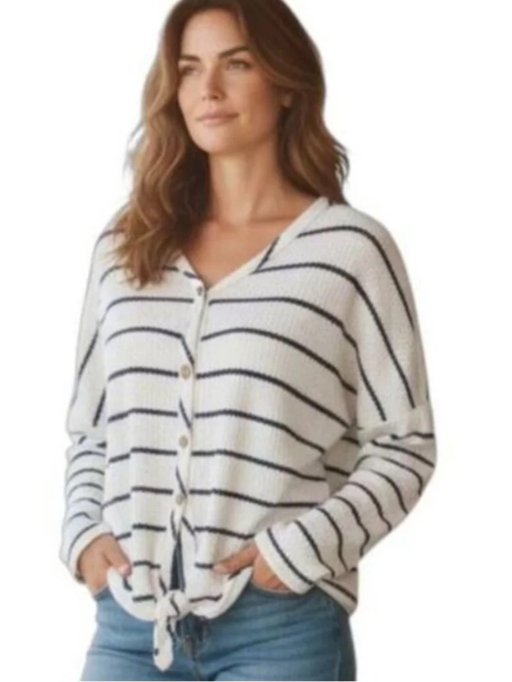 Women’s White & Black Striped Knit Button-Front Sweater